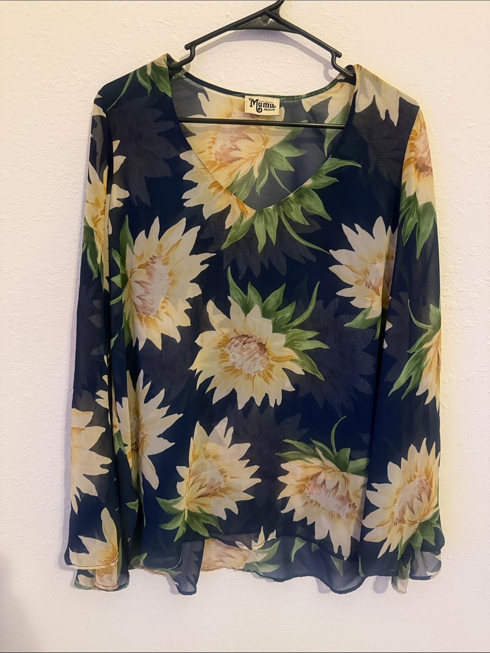 Navy Floral V-Neck Blouse - Yellow Sunflower Print